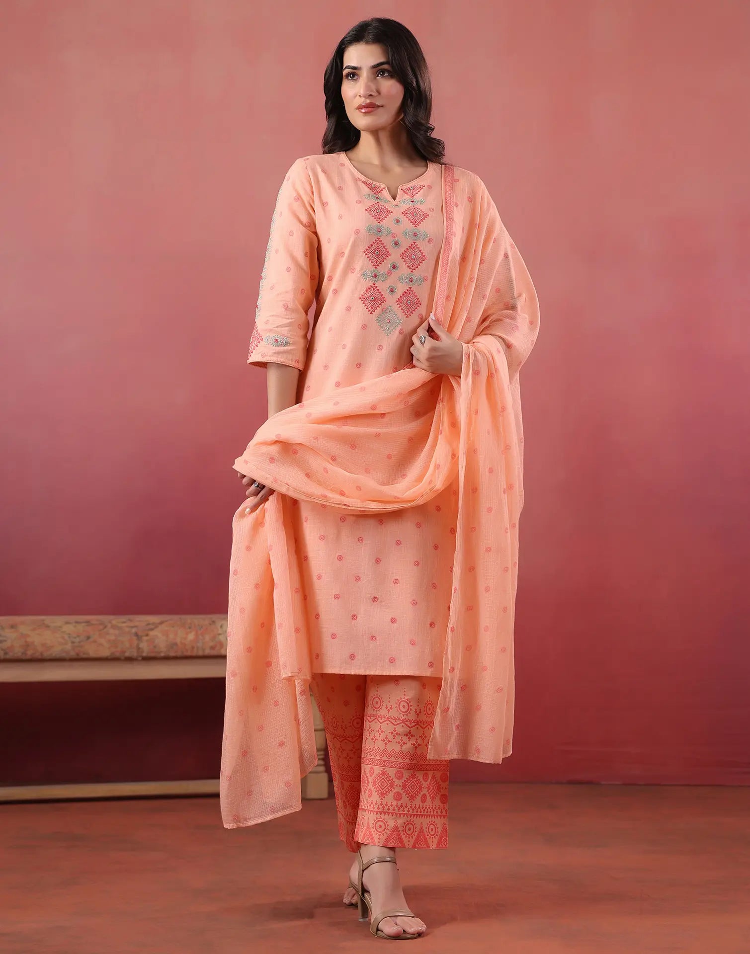 Malibu Peach Notched Neck Embroidered Printed Straight 3 Piece Kurta Set with Dupatta
