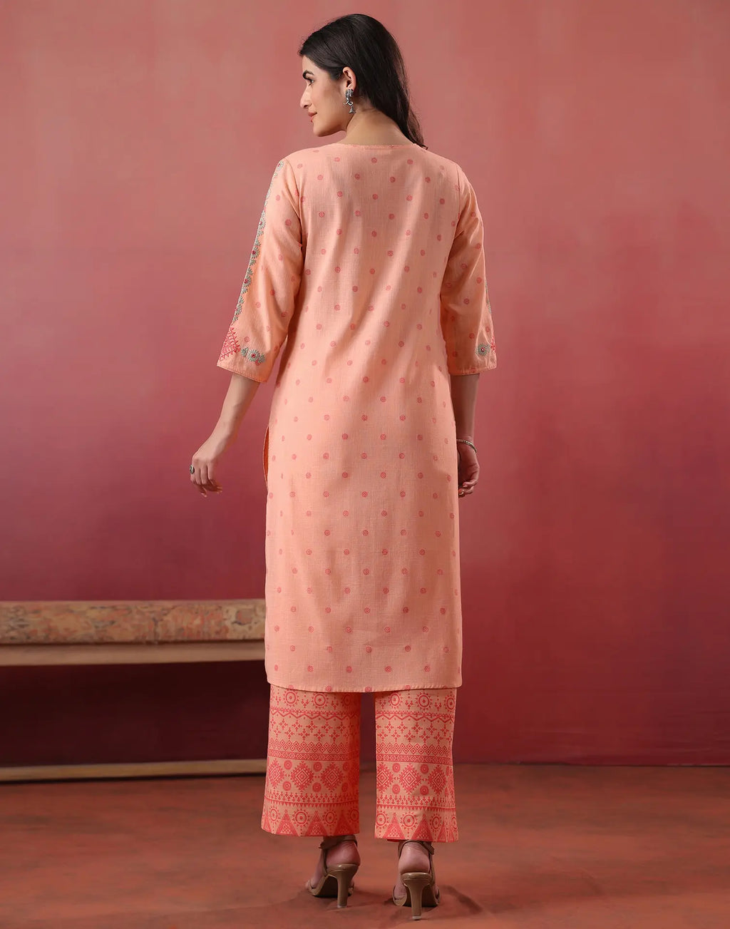 Malibu Peach Notched Neck Embroidered Printed Straight 3 Piece Kurta Set with Dupatta