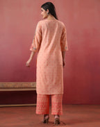 Malibu Peach Notched Neck Embroidered Printed Straight 3 Piece Kurta Set with Dupatta