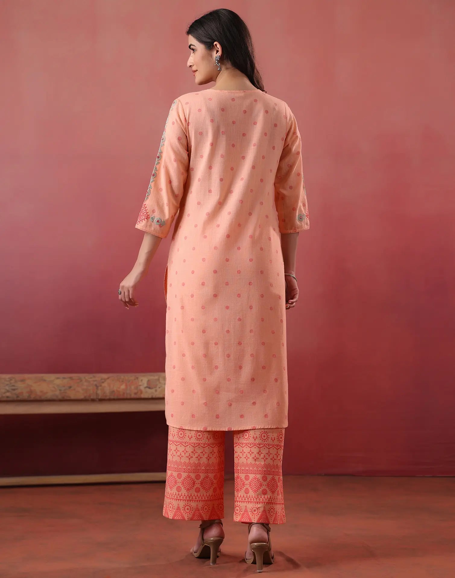 Malibu Peach Notched Neck Embroidered Printed Straight 3 Piece Kurta Set with Dupatta