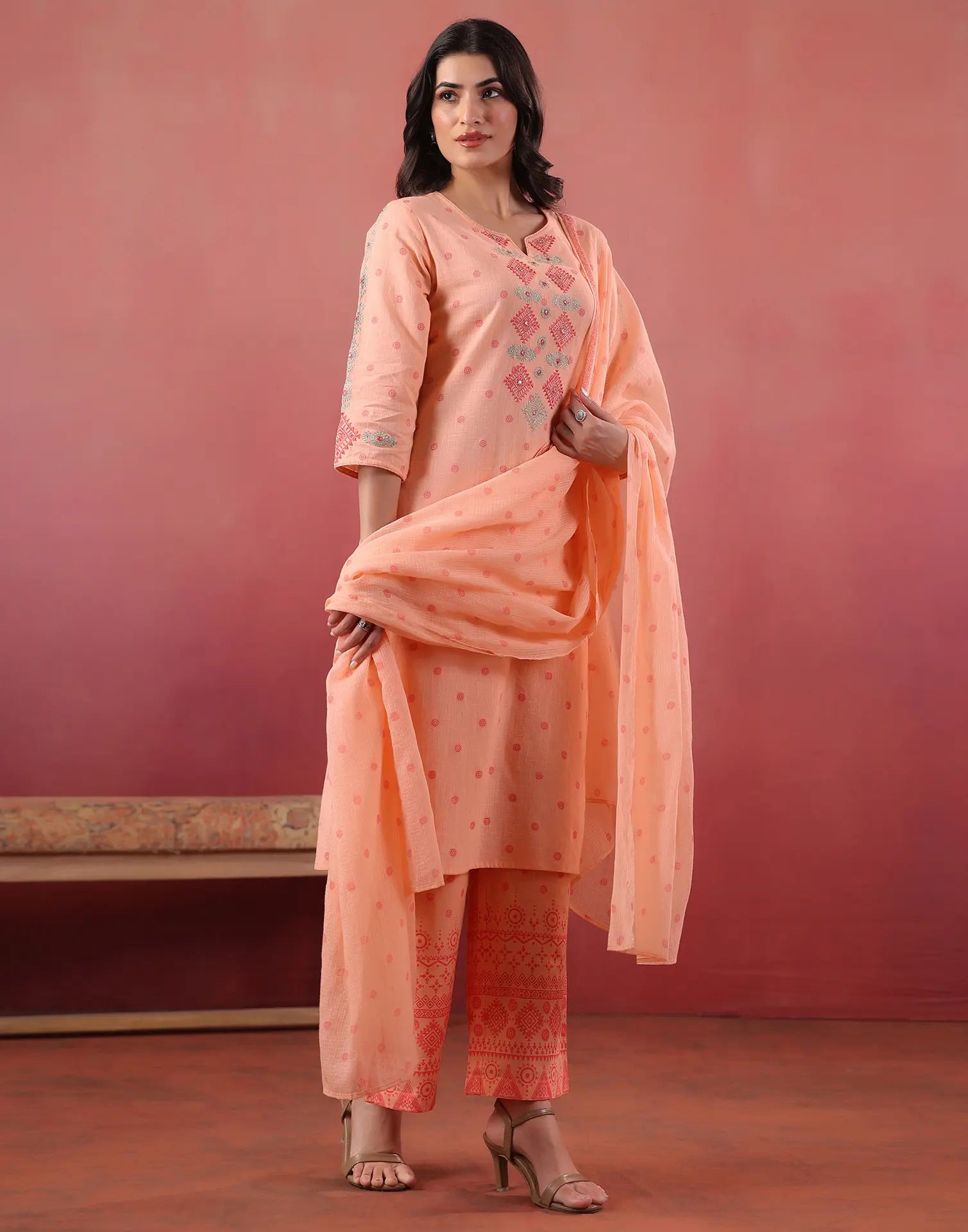Malibu Peach Notched Neck Embroidered Printed Straight 3 Piece Kurta Set with Dupatta