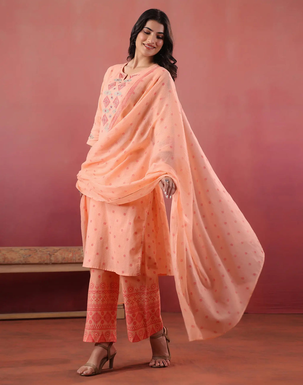 Malibu Peach Notched Neck Embroidered Printed Straight 3 Piece Kurta Set with Dupatta