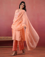 Malibu Peach Notched Neck Embroidered Printed Straight 3 Piece Kurta Set with Dupatta