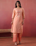 Malibu Peach Notched Neck Embroidered Printed Straight 3 Piece Kurta Set with Dupatta