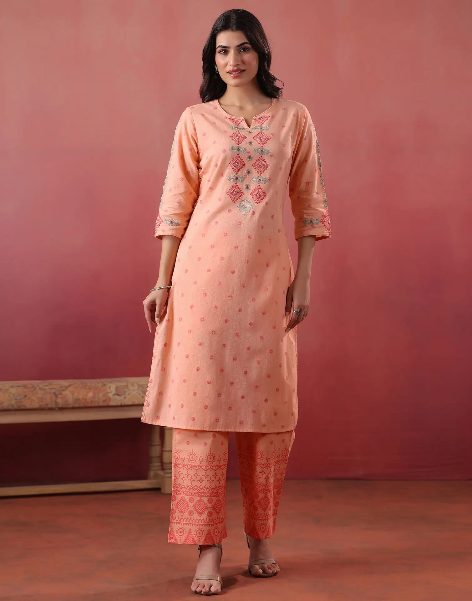 Malibu Peach Notched Neck Embroidered Printed Straight 3 Piece Kurta Set with Dupatta