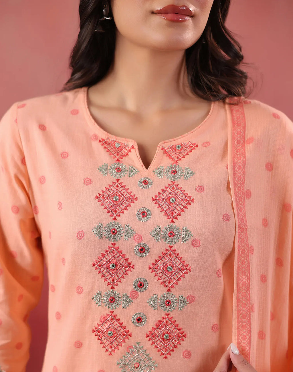 Malibu Peach Notched Neck Embroidered Printed Straight 3 Piece Kurta Set with Dupatta