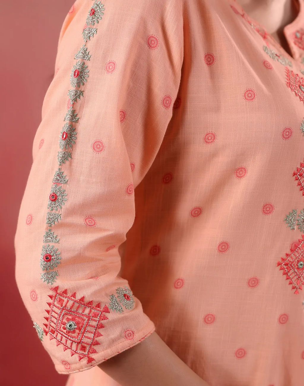 Malibu Peach Notched Neck Embroidered Printed Straight 3 Piece Kurta Set with Dupatta