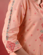 Malibu Peach Notched Neck Embroidered Printed Straight 3 Piece Kurta Set with Dupatta