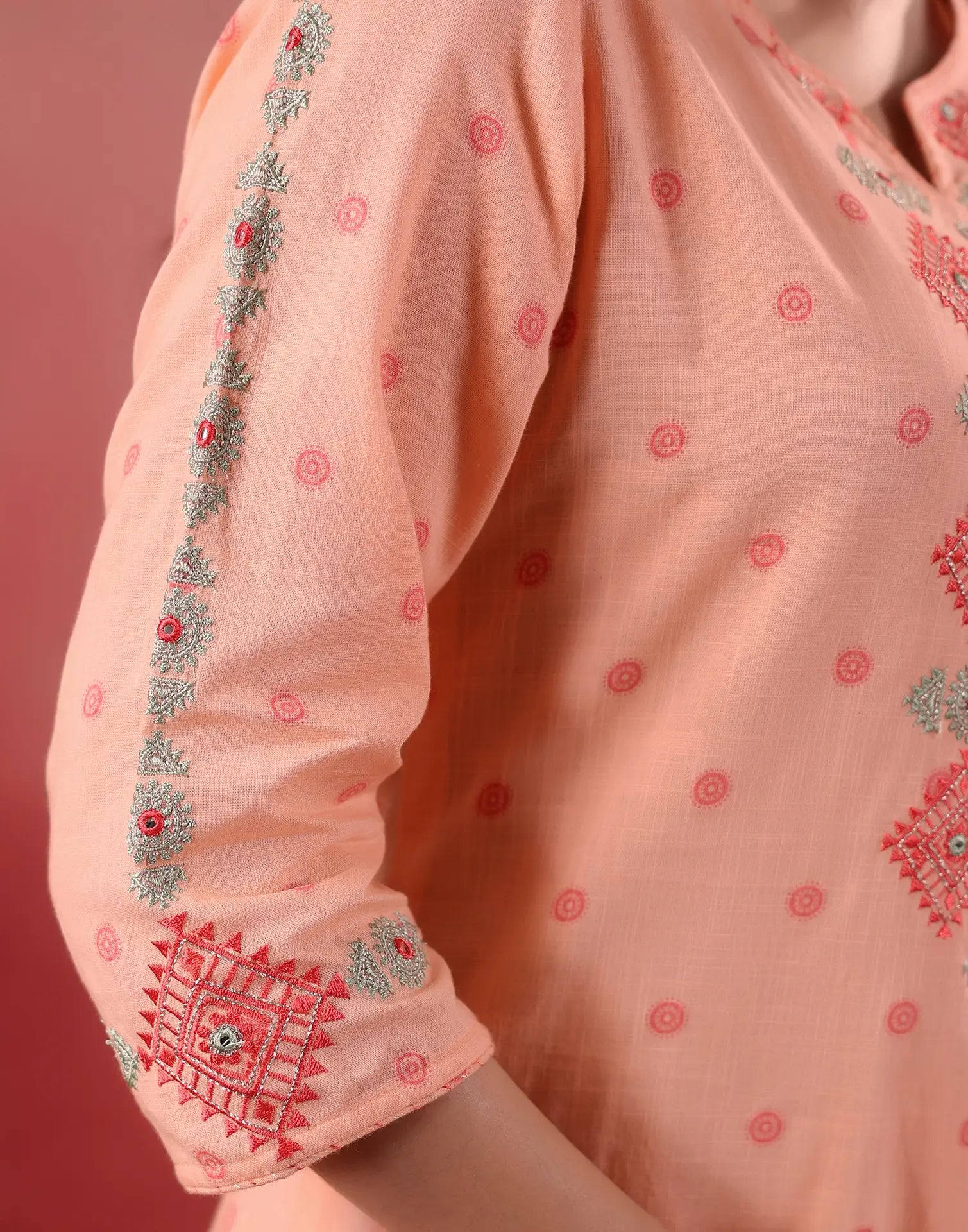 Malibu Peach Notched Neck Embroidered Printed Straight 3 Piece Kurta Set with Dupatta