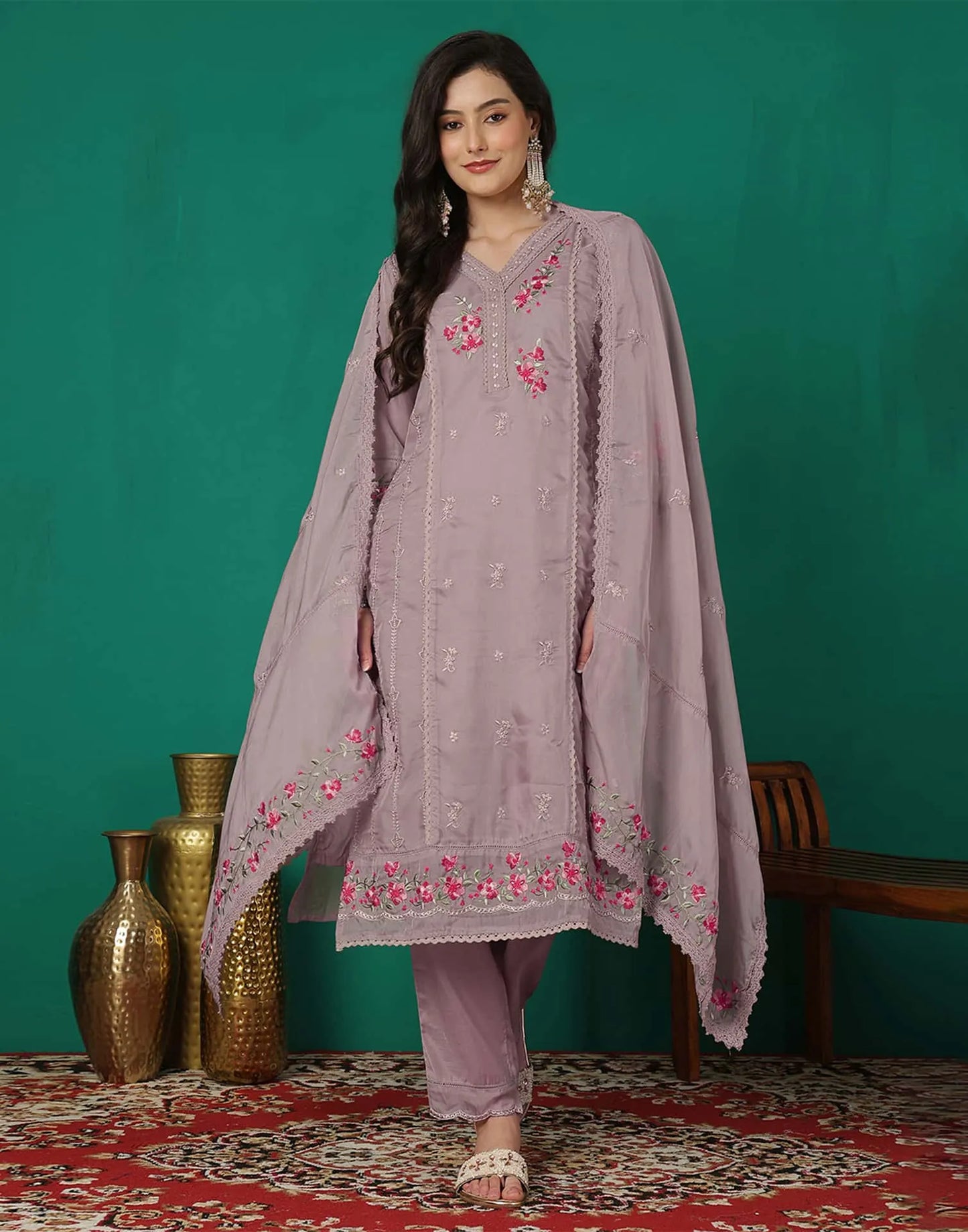 Purple Silk Blend Embroidered Straight Kurta Set for Women with Pant and Dupatta