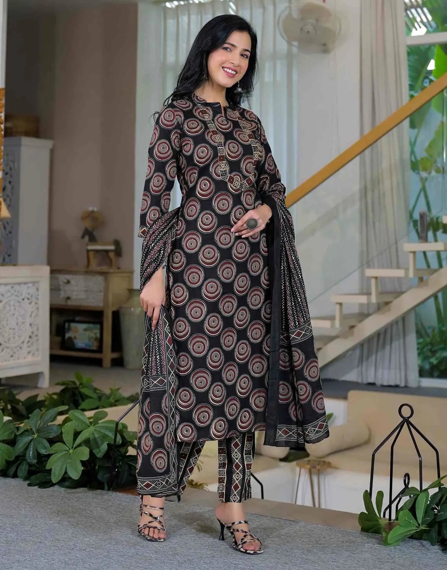 Cotton Printed Straight Mandarin Collar Kurta with Pant & Dupatta