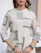 Yogurt White Mandarin Collar Patchwork Inspired Ethnic Print A-Line Co-ords