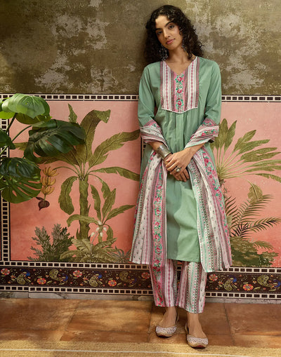Pistachio Green V-Neck Digital Printed A-Line 3 Piece Kurta Set With Dupatta