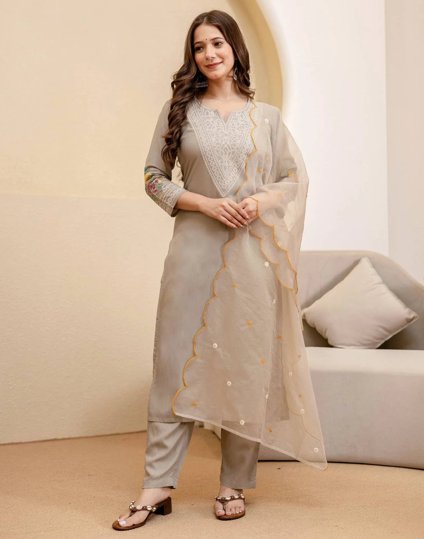 Rayon Embroidered Straight Kurta with Pant & Dupatta