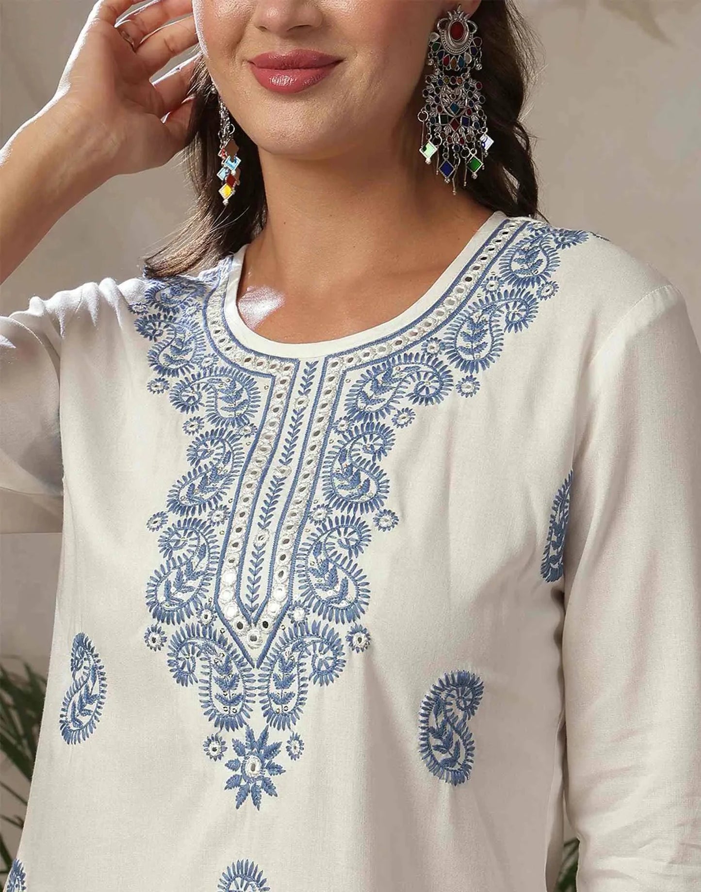 Rayon Chikankari Straight Round Neck Short Kurti