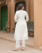 Baby Powder White Round Neck Embroidered Mirror Work A-Line 3 Piece Kurta Set with Dupatta