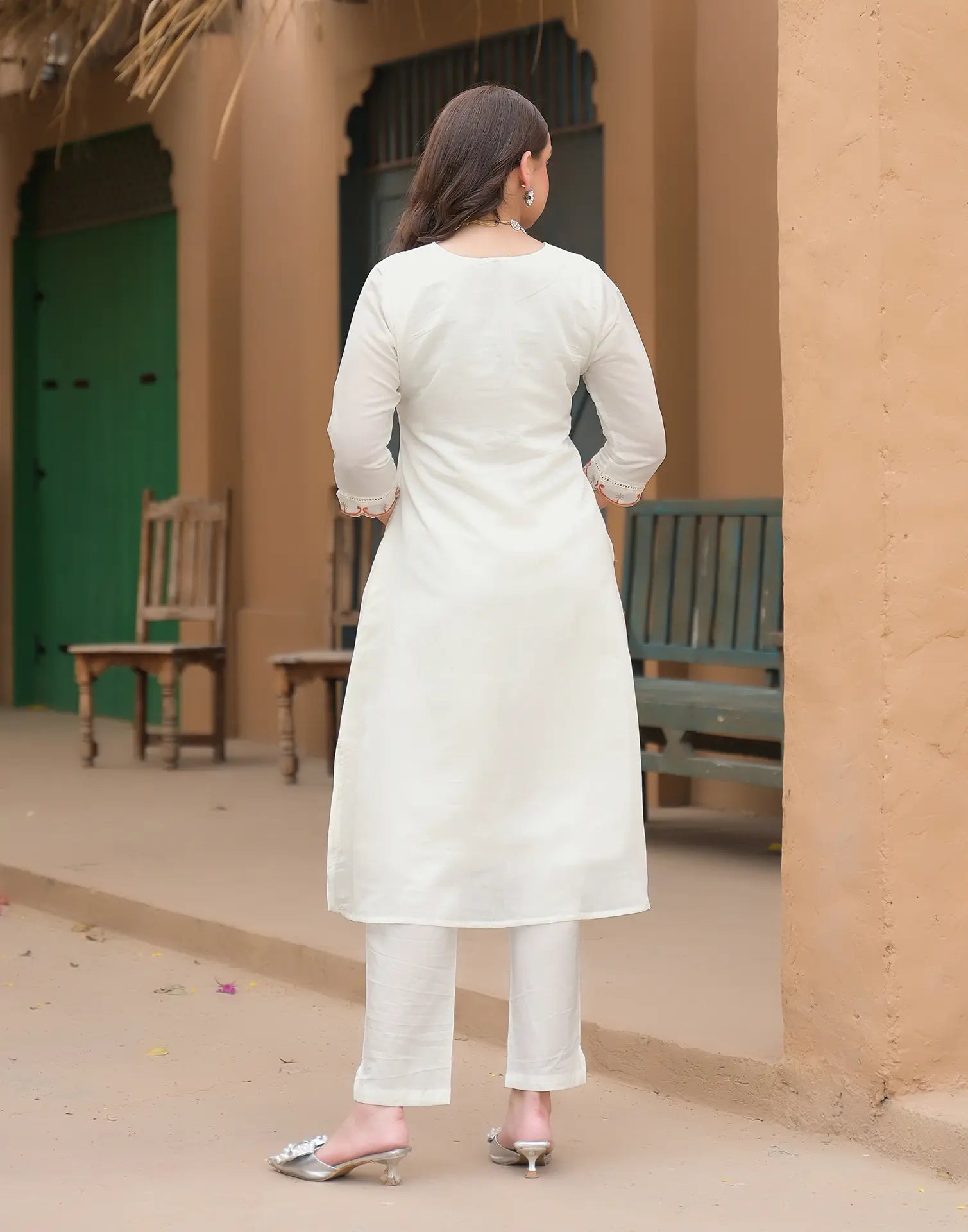 Baby Powder White Round Neck Embroidered Mirror Work A-Line 3 Piece Kurta Set with Dupatta