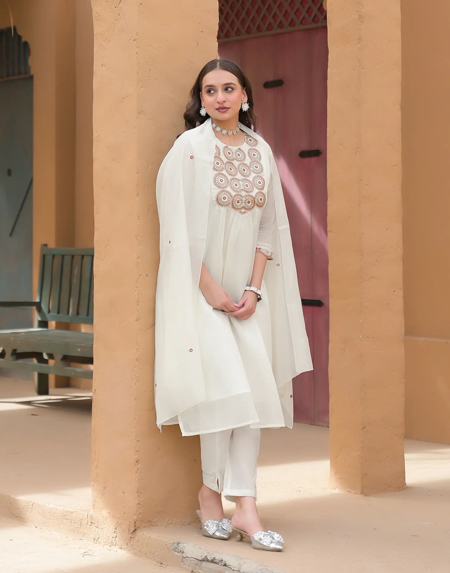 Baby Powder White Round Neck Embroidered Mirror Work A-Line 3 Piece Kurta Set with Dupatta