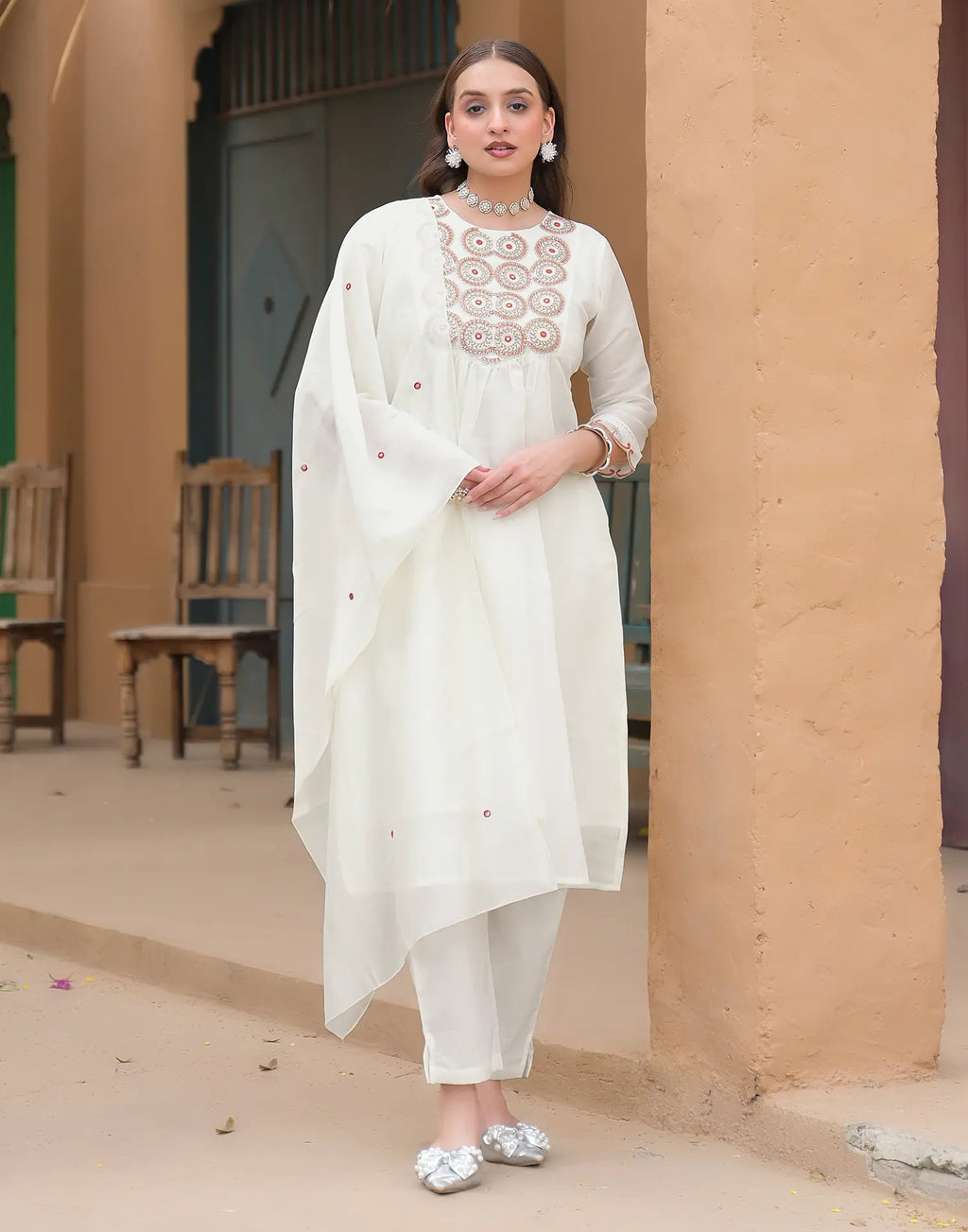 Baby Powder White Round Neck Embroidered Mirror Work A-Line 3 Piece Kurta Set with Dupatta