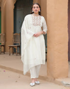 Baby Powder White Round Neck Embroidered Mirror Work A-Line 3 Piece Kurta Set with Dupatta