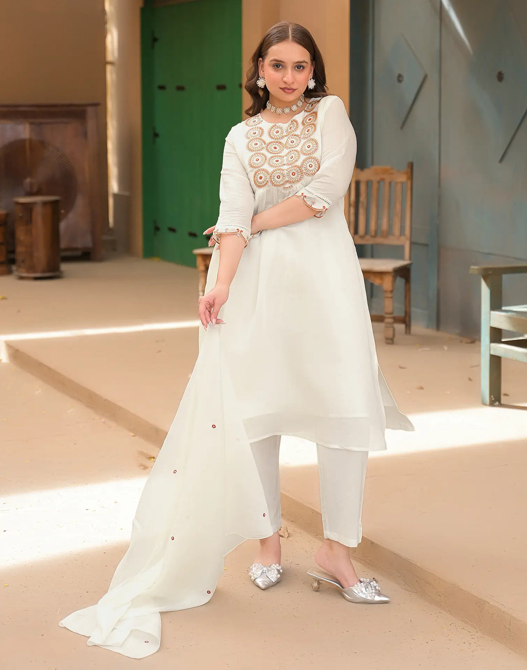 Baby Powder White Round Neck Embroidered Mirror Work A-Line 3 Piece Kurta Set with Dupatta