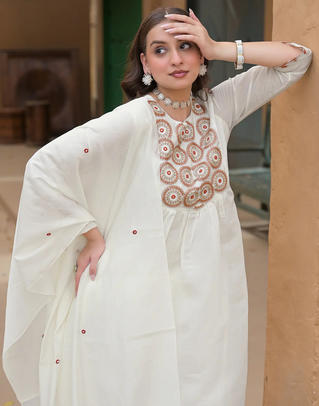Baby Powder White Round Neck Embroidered Mirror Work A-Line 3 Piece Kurta Set with Dupatta