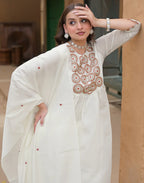 Baby Powder White Round Neck Embroidered Mirror Work A-Line 3 Piece Kurta Set with Dupatta