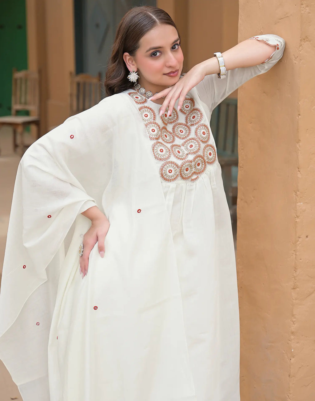 Baby Powder White Round Neck Embroidered Mirror Work A-Line 3 Piece Kurta Set with Dupatta