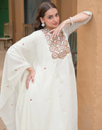 Baby Powder White Round Neck Embroidered Mirror Work A-Line 3 Piece Kurta Set with Dupatta