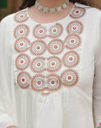 Baby Powder White Round Neck Embroidered Mirror Work A-Line 3 Piece Kurta Set with Dupatta