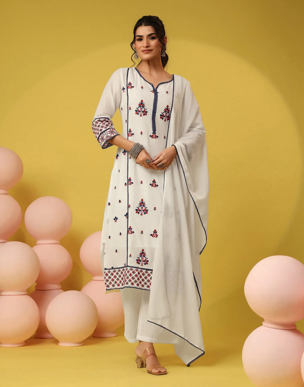 Frost White Notched Round Neck Embroidered Straight 3 Piece Kurta Set with Dupatta