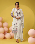 Frost White Notched Round Neck Embroidered Straight 3 Piece Kurta Set with Dupatta
