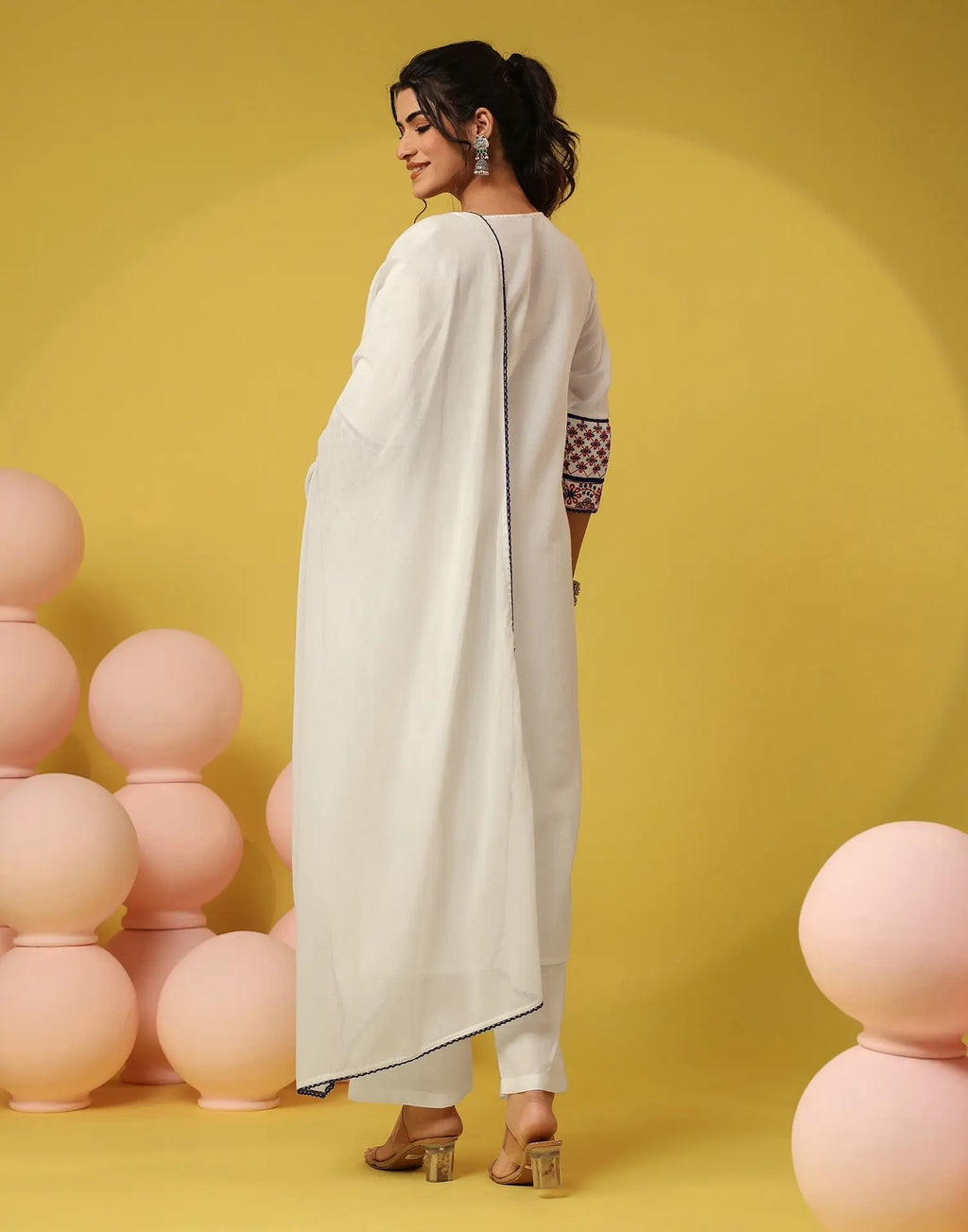 Frost White Notched Round Neck Embroidered Straight 3 Piece Kurta Set with Dupatta