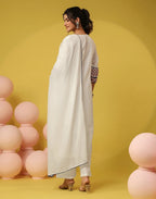 Frost White Notched Round Neck Embroidered Straight 3 Piece Kurta Set with Dupatta