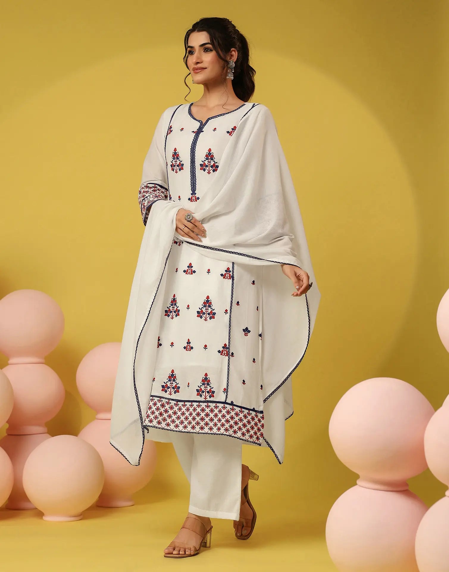 Frost White Notched Round Neck Embroidered Straight 3 Piece Kurta Set with Dupatta