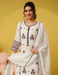 Frost White Notched Round Neck Embroidered Straight 3 Piece Kurta Set with Dupatta