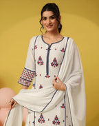 Frost White Notched Round Neck Embroidered Straight 3 Piece Kurta Set with Dupatta