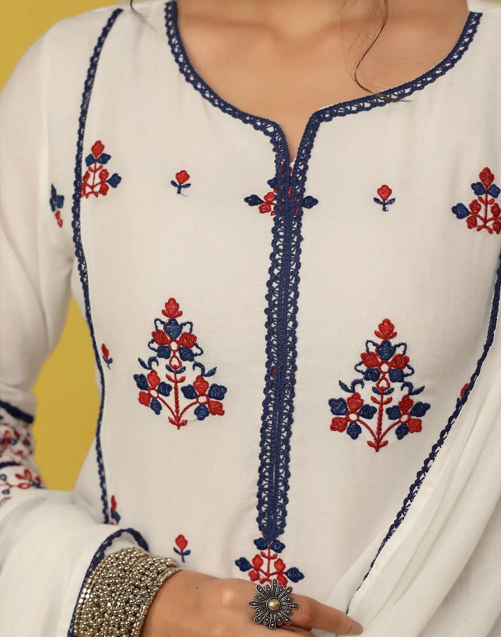 Frost White Notched Round Neck Embroidered Straight 3 Piece Kurta Set with Dupatta