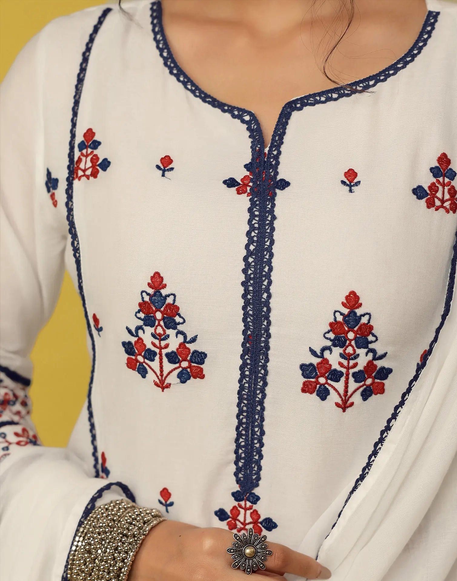 Frost White Notched Round Neck Embroidered Straight 3 Piece Kurta Set with Dupatta