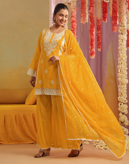 Mango Yellow Round Neck Chikankari Embroidery Palazzo 3 Piece Kurta Set With Dupatta