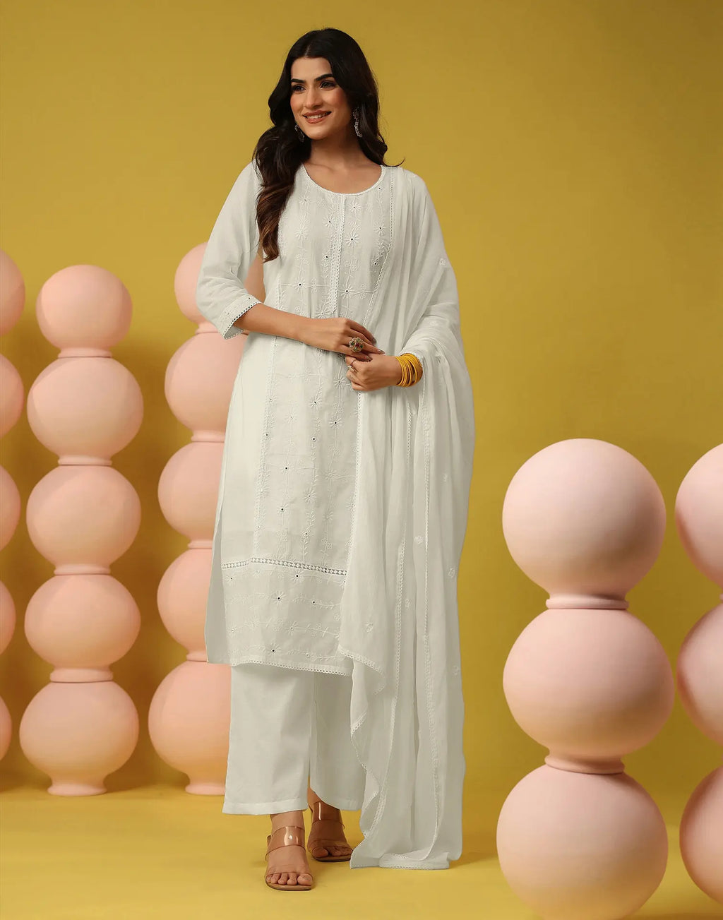 Milk White Round Neck Chikankari Embroidery Straight 3 Piece Kurta Set with Dupatta