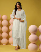 Milk White Round Neck Chikankari Embroidery Straight 3 Piece Kurta Set with Dupatta