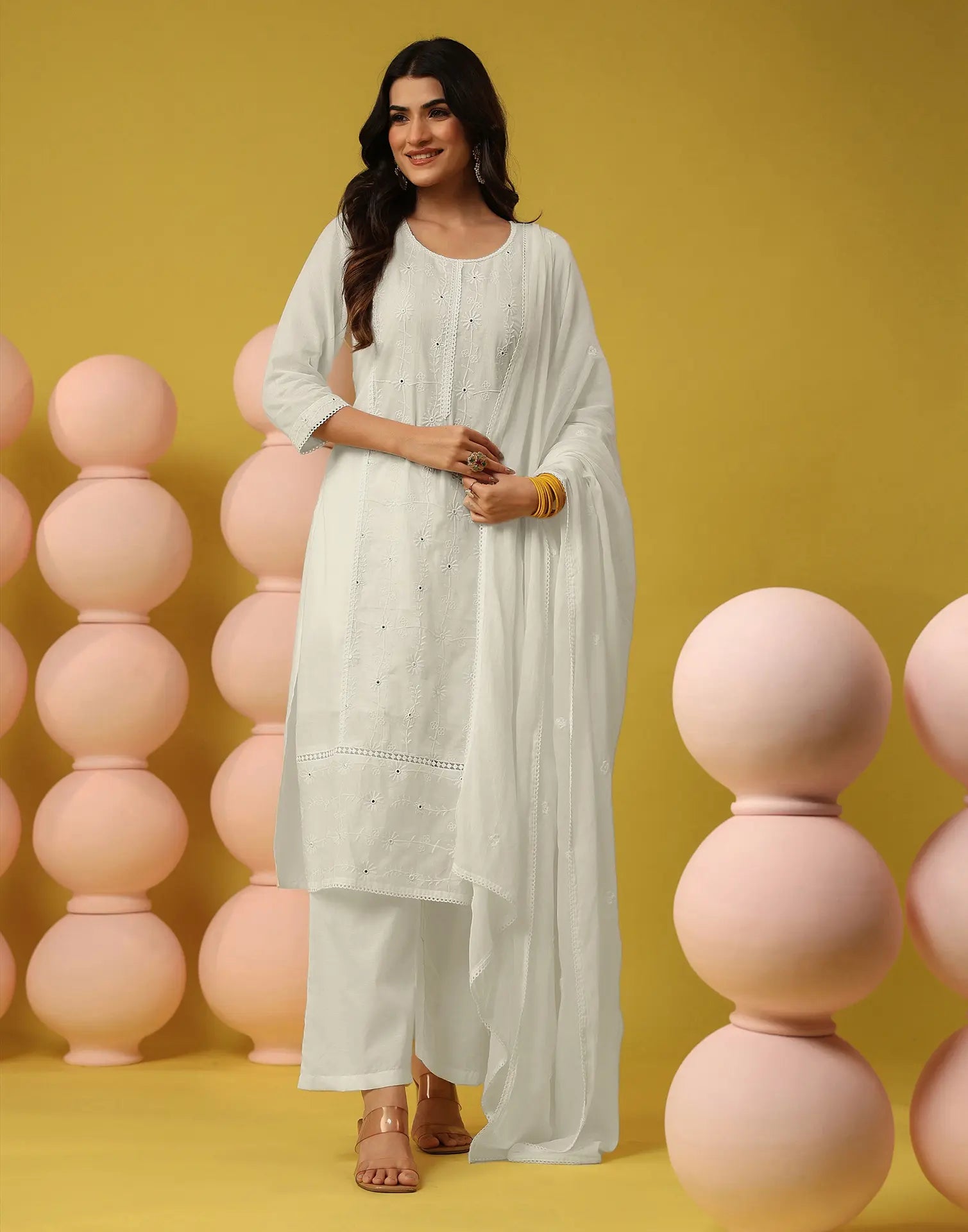 Milk White Round Neck Chikankari Embroidery Straight 3 Piece Kurta Set with Dupatta