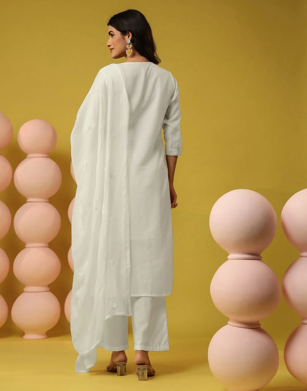 Milk White Round Neck Chikankari Embroidery Straight 3 Piece Kurta Set with Dupatta