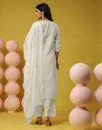 Milk White Round Neck Chikankari Embroidery Straight 3 Piece Kurta Set with Dupatta