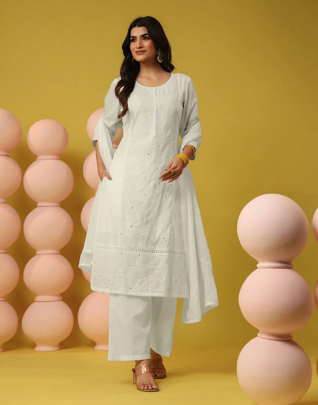 Milk White Round Neck Chikankari Embroidery Straight 3 Piece Kurta Set with Dupatta