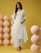 Milk White Round Neck Chikankari Embroidery Straight 3 Piece Kurta Set with Dupatta