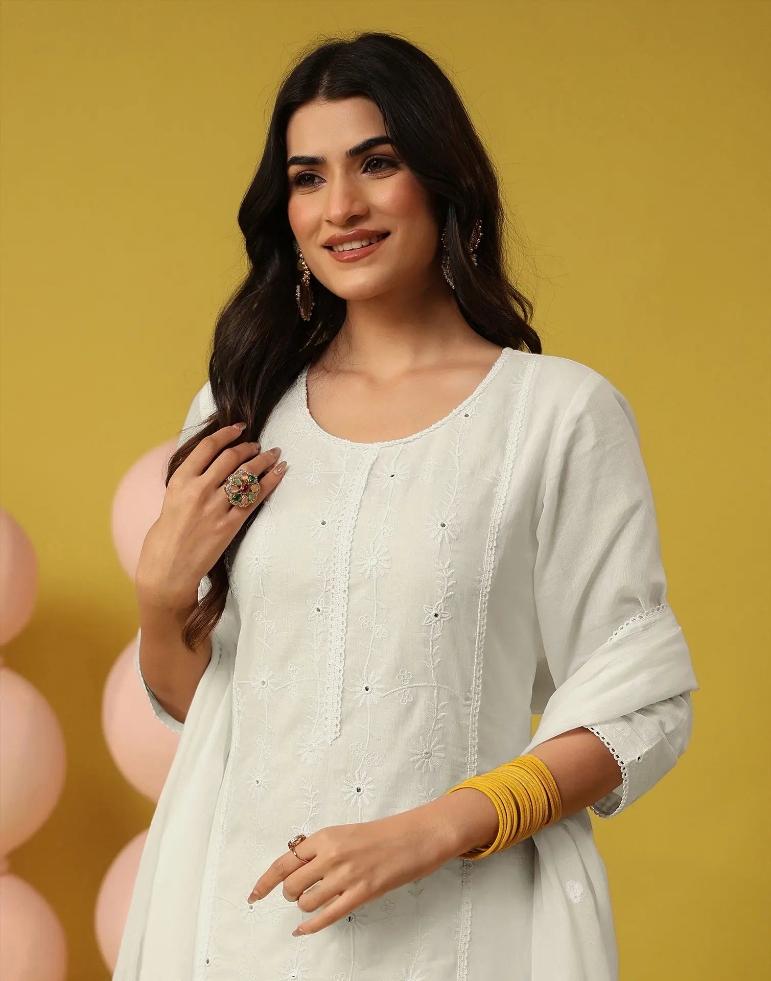 Milk White Round Neck Chikankari Embroidery Straight 3 Piece Kurta Set with Dupatta