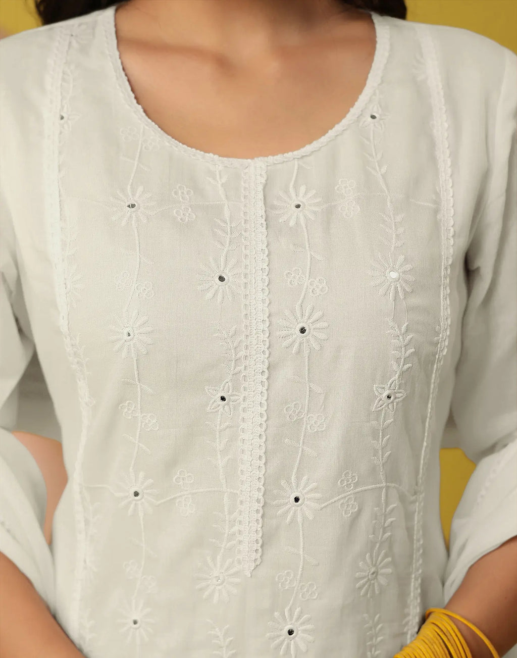Milk White Round Neck Chikankari Embroidery Straight 3 Piece Kurta Set with Dupatta