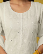 Milk White Round Neck Chikankari Embroidery Straight 3 Piece Kurta Set with Dupatta